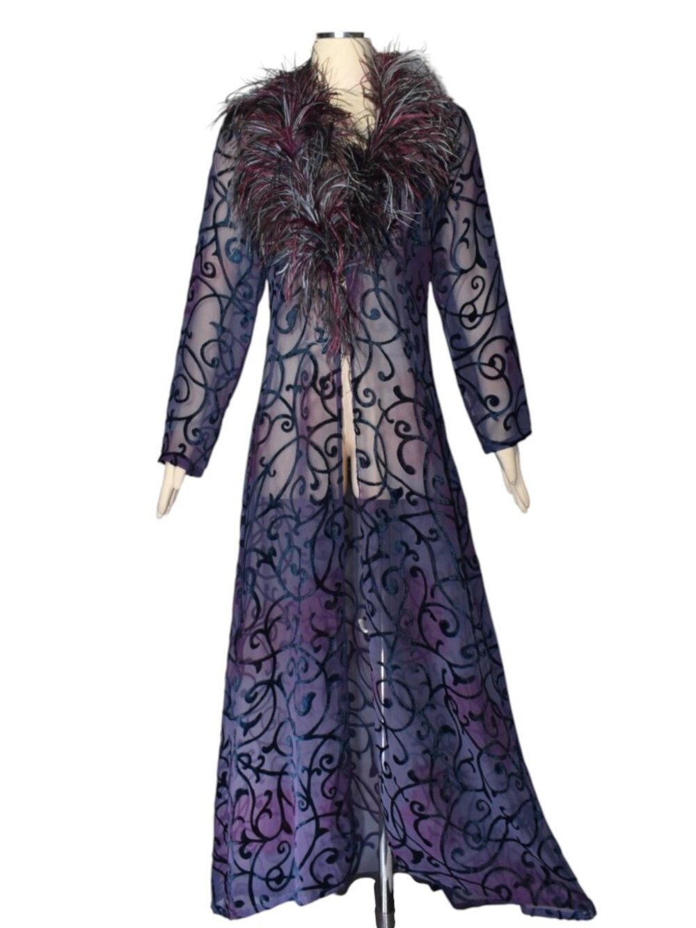 Vintage Victoria's Secret Sheer Burnout Robe Ostrich Feather Trim Glamour XS/S